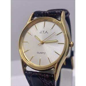 Vintage JTA France Unisex Gold Leather Watch Works New Battery
